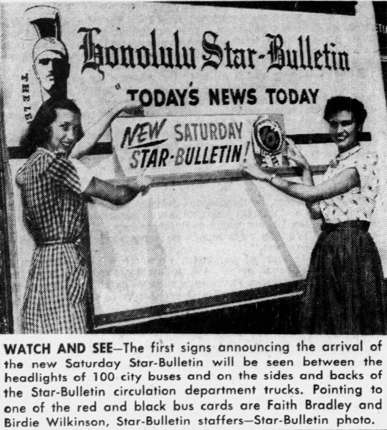 Faith Bradley and Birdie Wilkinson with a Star-Bulletin bus card, 1953